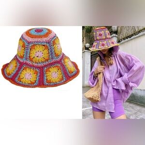 FLY BEHAVIOR CHELLA GRANNY SQUARE RAFFIA BUCKET HAT